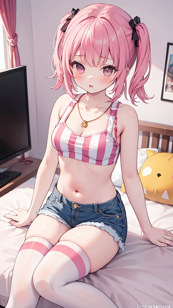 (masterpiece, best quality), 1girl, pink hair, crop top, denim shorts, bedroom, striped thighhighs,