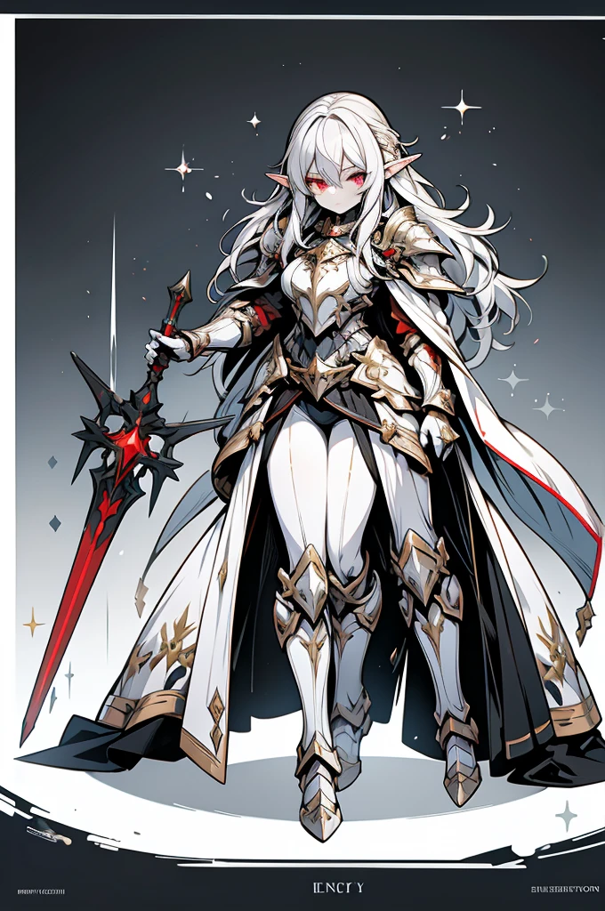 female elf knight, full body art, silver hair, white skin, red iris eye, knight full plate adorned armor, silver cape, perfectly detailed