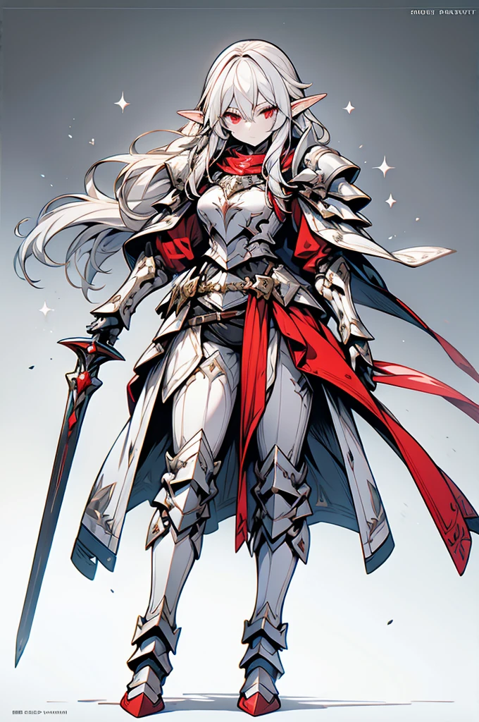 female elf knight, full body art, silver hair, white skin, red iris eye, knight full plate adorned armor, silver cape, perfectly detailed