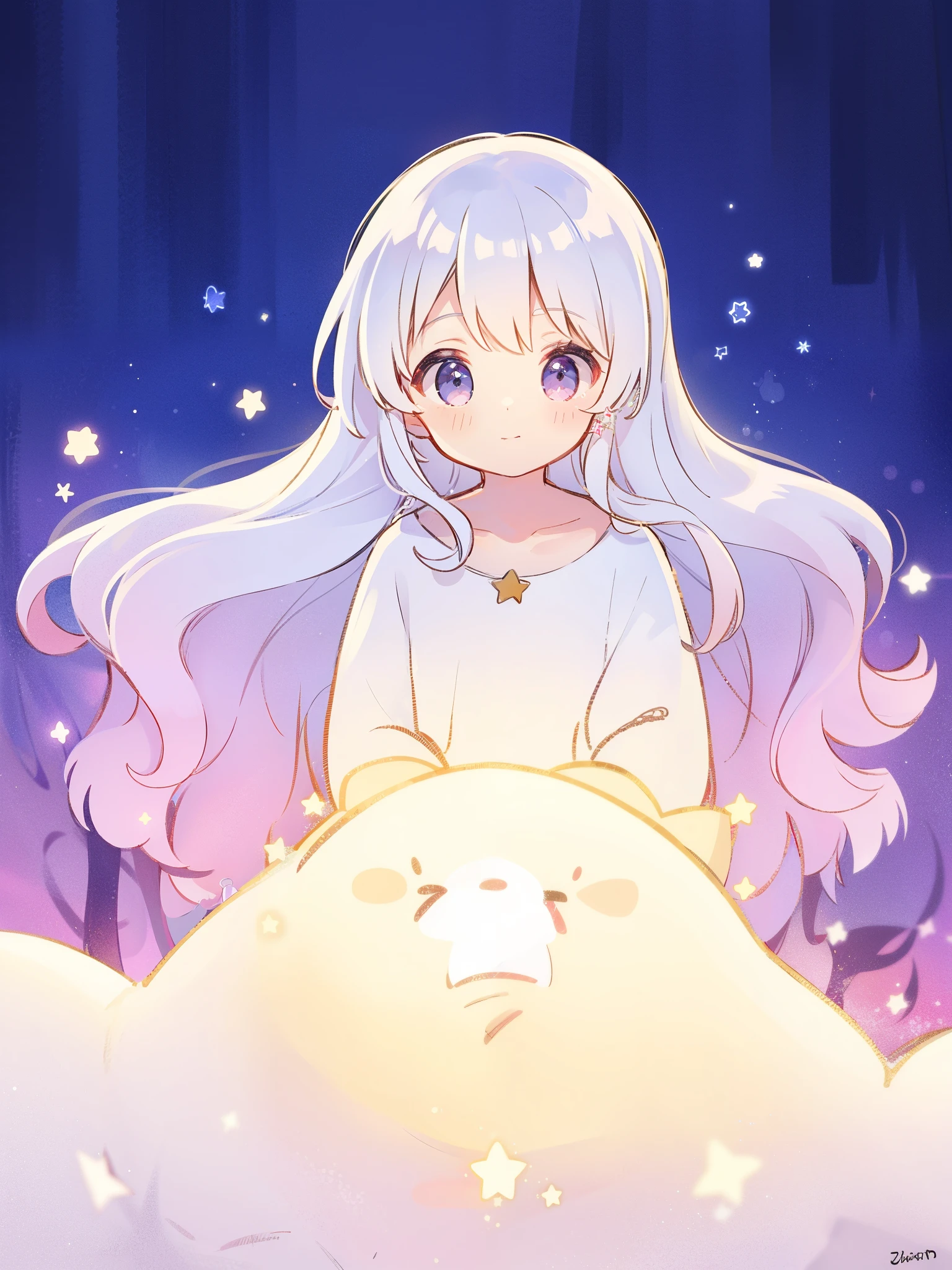 complex background, wishing star background, blue purple gradient wavy hair, a woman wearing an ethereal mystical translucent dress that reflects the stars, complex drawing, highly detailed, starry night, midjourney style