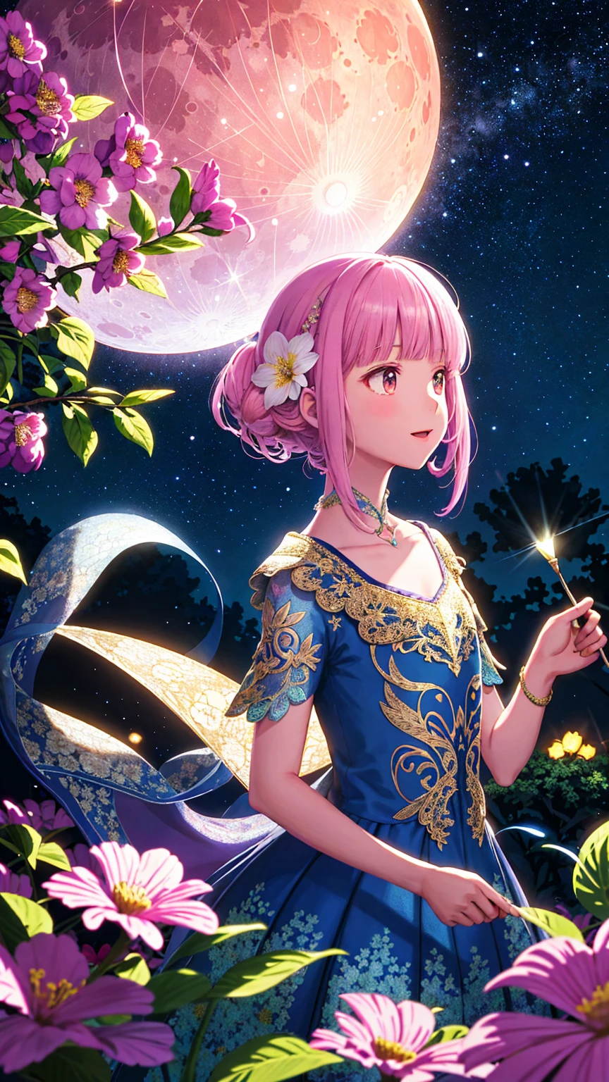 paint (stroke)+, atmosphere, Natural scenery, Aspect ratio 1:1, Ray Tracing, Bokeh, Smooth, (colorful), (Detailed, intricate and busy background: 0.8), fantasy flowers, (night:1.4), Intricate details, beautiful glitters, Flat Illustration, Love for details, (Super detailed), Photon Mapping, ((Intricate details)), (big pink moon)