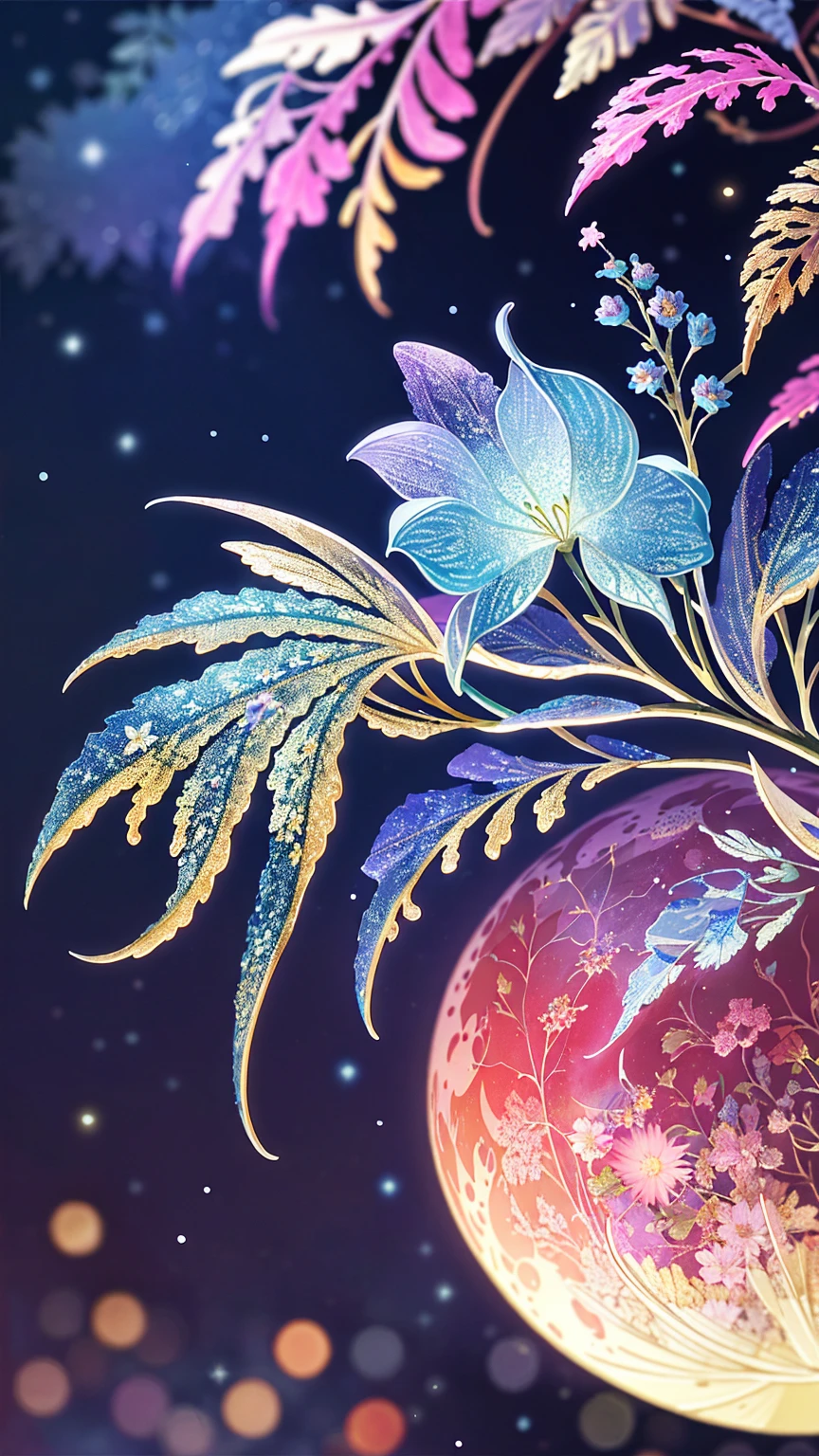 paint (stroke)+, atmosphere, Natural scenery, Aspect ratio 1:1, Ray Tracing, Bokeh, Smooth, (colorful), (Detailed, intricate and busy background: 0.8), fantasy flowers, (night:1.4), Intricate details, beautiful glitters, Flat Illustration, Love for details, (Super detailed), Photon Mapping, ((Intricate details)), (big pink moon)