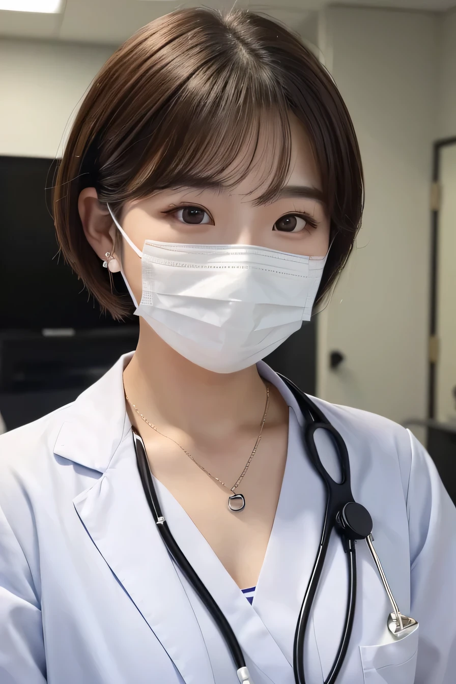 Beautiful young woman、 Korean women、Black Hair、Necklace around the neck、White、shirt、Cleavage、Stethoscope、Mask on mouth、short hair、Wavy Hair、Intricate details, Very detailed:1.2), 、 Looking into the camera,The background is the inspection room..、ear piercing

