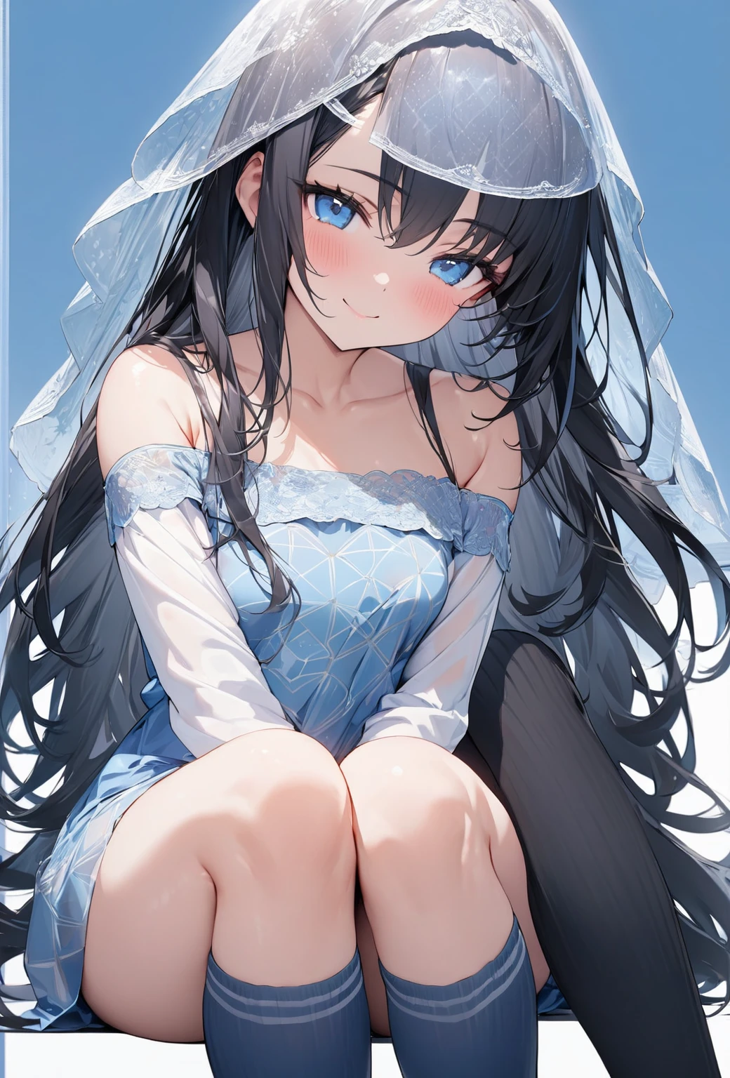 ((Highest quality)), ((masterpiece)), ((Very detailed)), (Very mature),A cute, gentle-looking female high school student with black hair and a height of about 165cm.,A female high school student with a cute smile and small breasts wearing a transparent blue waifus with a cute patterned hood and bare shoulders, A gentle woman with a slightly long vertical face,Eyes open,alone, Cute attitude,(background(bright),Long Hair - Straight,Knee-high socks、A transparent blue veil with a cute pattern and white hood with off-the-shoulder sleeves,White wall、Sitting、Facing the viewer、縁に模様がある壁が1面のbackground