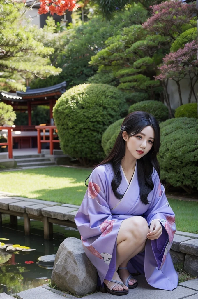 A beautiful wife mom style，Royal sister，Wearing Kimono，Full figure，Spring light exposed，In a Japanese-style garden，Black Purple Hair，Red Eyes，cartoon，cartoon风格