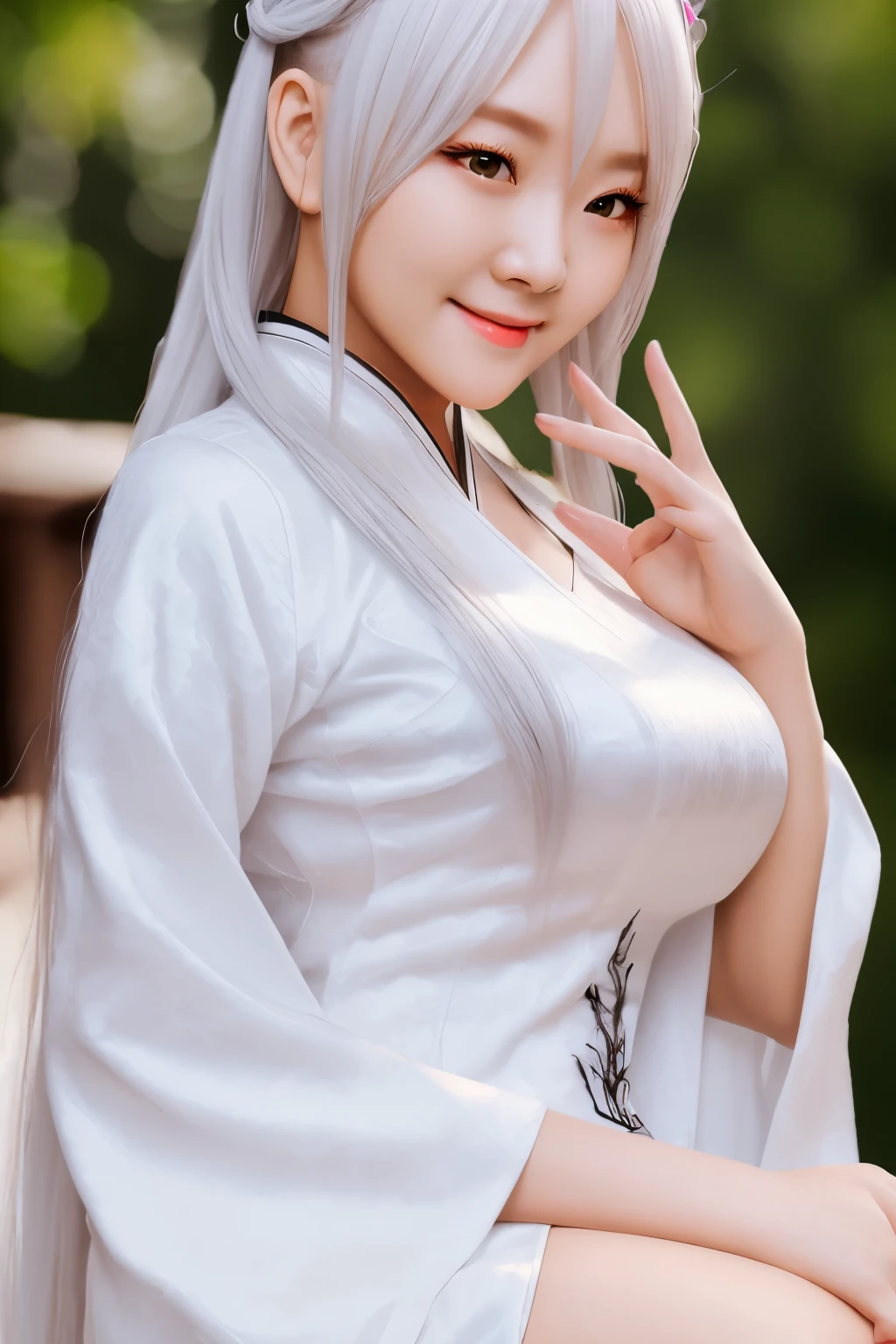 (masterpiece), 1girl, solo, fujiwara no mokou, white hair, white shirt, ((red trousers)), large breasts, sitting, flirting, smile, half-closed eyes, blushed, holding her own breasts