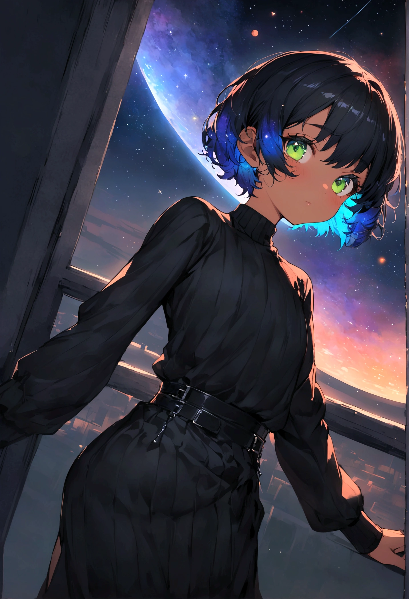 Sky, it's night, the night is full of stars, there are planets in the sky, bright colors, Incredible details, Loli, short hair, galaxy hair, green eyes, tanned, black sweater,
