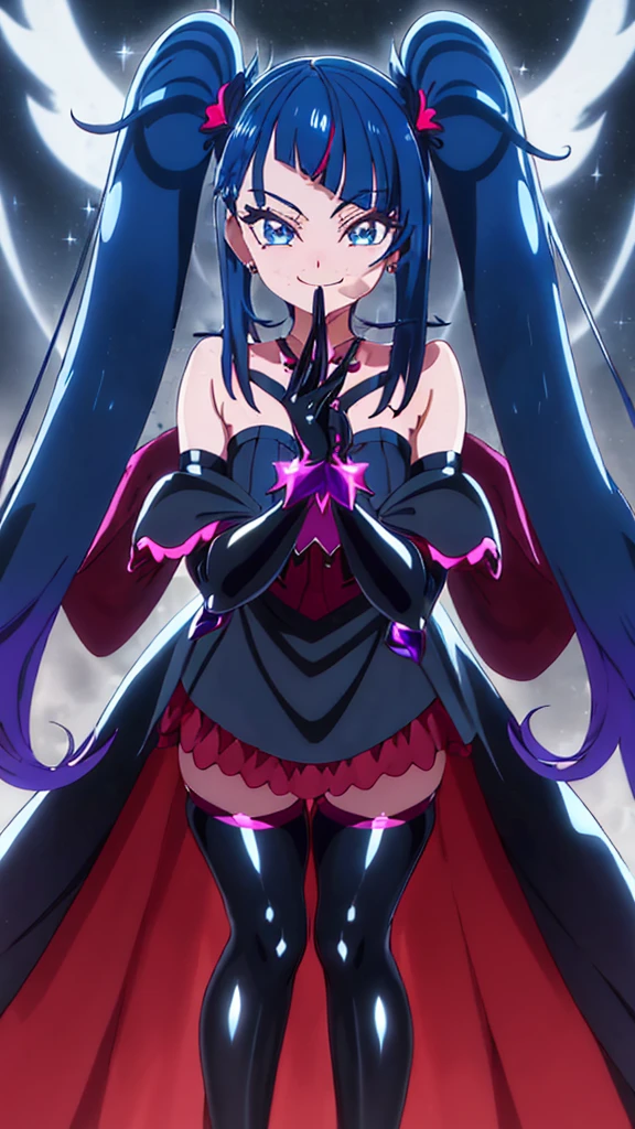 Highest quality, Super detailed,One girl, alone, {cure_null_hirogarunullprecure:1.15}, Dark blue hair, blue eyes, Blue flames in the eyes, Long Hair, Twin tails, Magical girl, bangs, Open your mouth, Redhead, multicoloRedhead, One girl, blunt bangs, Darken your clothes, hair ornaments, Wicked Smile, devilish aura (Shiny fabric:1.5), Full Body Shot, Purple Gemstone, Fascinating, blush, (Beautiful attention to detail:1.6), Highly detailed face, Perfect lighting, Highly detailed CG, (Perfect hands, Perfect Anatomy), devil, Red and black color scheme, Shiny material, Grin, Black Ribbon, Black satin gloves, Evil clover leaf ornament, Black ruffles, jewelry, corruption, Latex gloss, Black Gothic Cloak, Wicked Smile, Dark world background, Red Moon, cloudy null, CG Style, One-sided black wing,deep shaded face,sadistic smile,Malice,contempt,laugh at,two hands,two legs,five fingers,