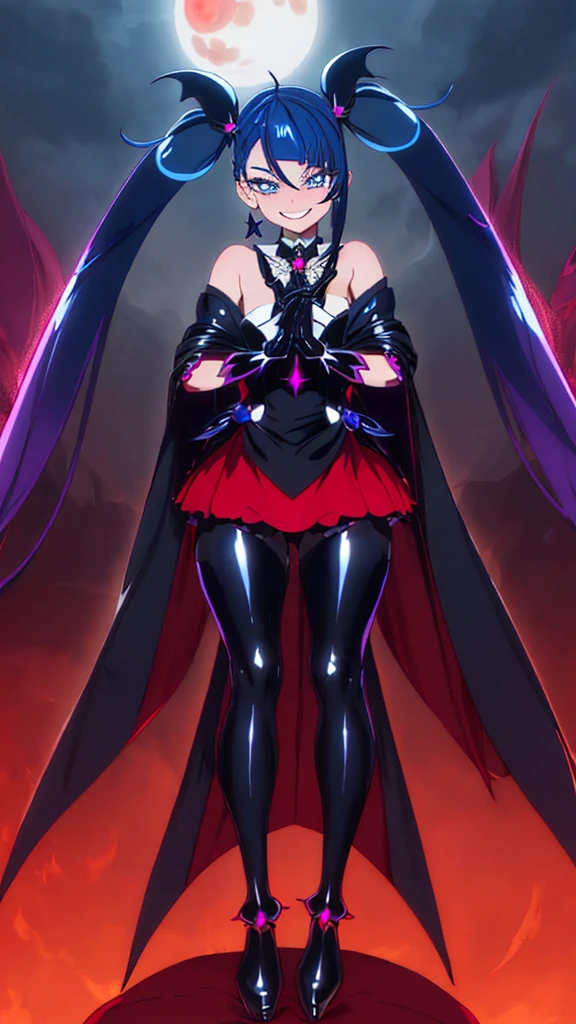 Highest quality, Super detailed,One girl, alone, {cure_null_hirogarunullprecure:1.15}, Dark blue hair, blue eyes, Blue flames in the eyes, Long Hair, Twin tails, Magical girl, bangs, Open your mouth, Redhead, multicoloRedhead, One girl, blunt bangs, Darken your clothes, hair ornaments, Wicked Smile, devilish aura (Shiny fabric:1.5), Full Body Shot, Purple Gemstone, Fascinating, blush, (Beautiful attention to detail:1.6), Highly detailed face, Perfect lighting, Highly detailed CG, (Perfect hands, Perfect Anatomy), devil, Red and black color scheme, Shiny material, Grin, Black Ribbon, Black satin gloves, Evil clover leaf ornament, Black ruffles, jewelry, corruption, Latex gloss, Black Gothic Cloak, Wicked Smile, Dark world background, Red Moon, cloudy null, CG Style, One-sided black wing,deep shaded face,sadistic smile,Malice,contempt,laugh at,two hands,two legs,five fingers,