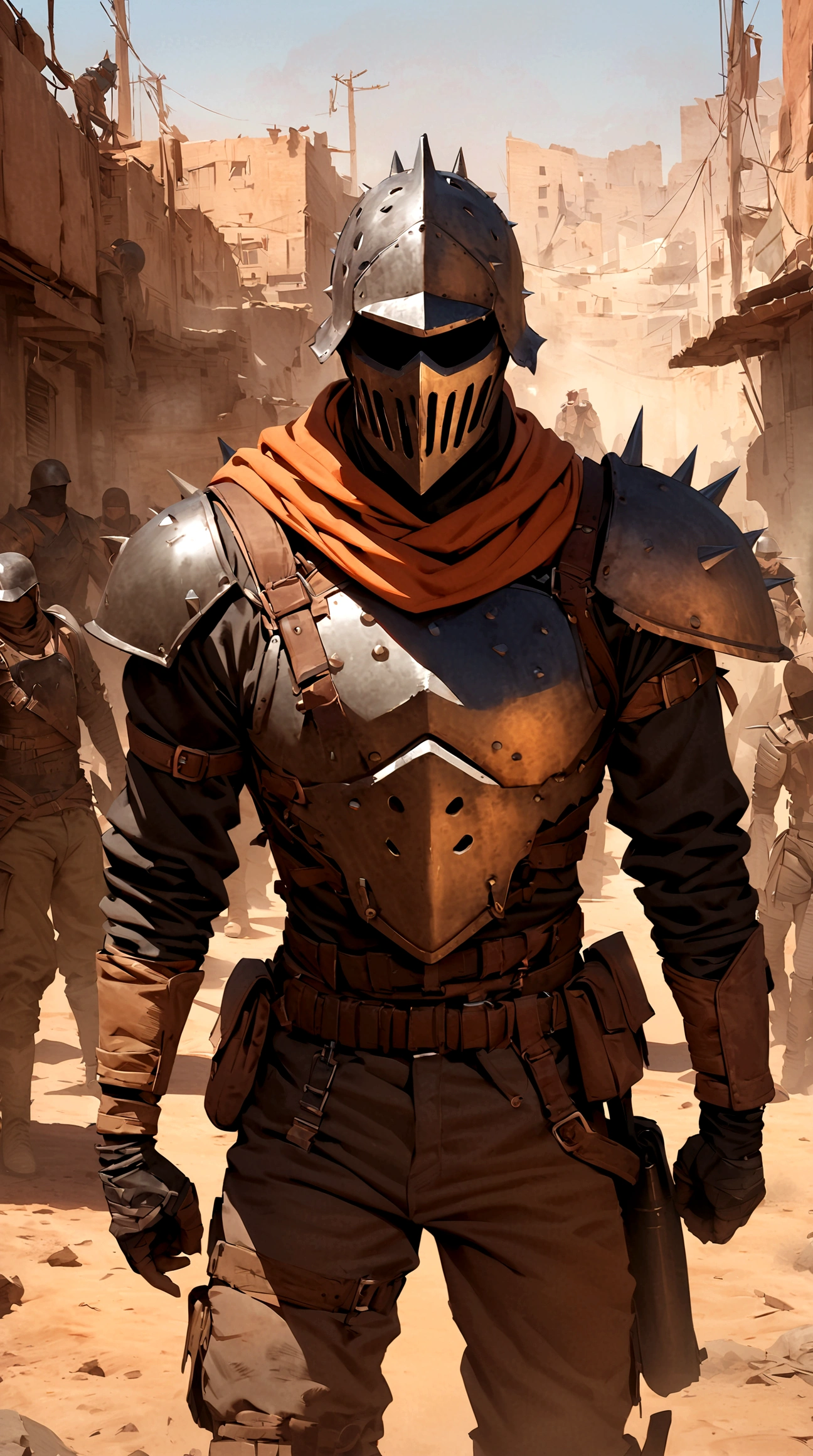(masterpiece), best quality, faceless, hidden face, soldier, Male post apoclayptic, raider, Mad max clothing, vey spiky post apocalyptic scrap armor, Human bones in the armor, Bandit, scrap and bones armor, uneven armor, Cage helmet, mad max fallout inspired, Raider bandit armor