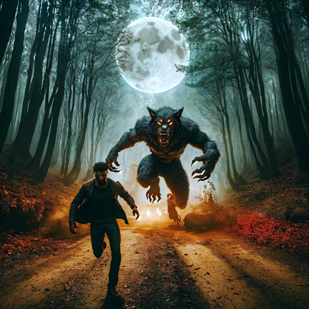 arafed image of a man running towards a werewolf in the woods, werewolf man, werewolf, people running in fear, werewolf?, scary creatures in background, an ominous fantasy illustration, transforming into werewolf, paranormal monster, hunting the monsters, scary atmosphere, uncanny and scary atmosphere, danger lurking in the night, scary picture, werewolf”, by Kristian Kreković