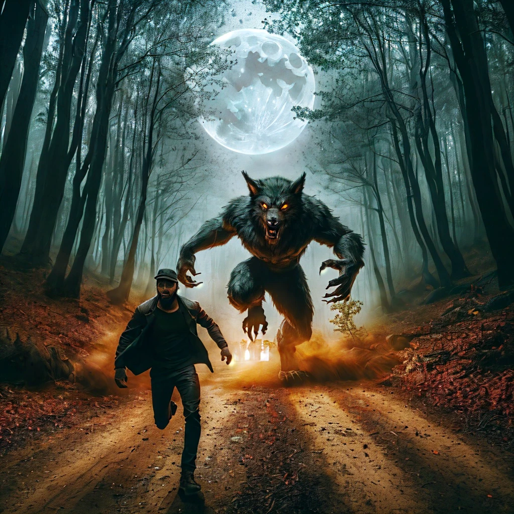 arafed image of a man running towards a werewolf in the woods, werewolf man, werewolf, people running in fear, werewolf?, scary creatures in background, an ominous fantasy illustration, transforming into werewolf, paranormal monster, hunting the monsters, scary atmosphere, uncanny and scary atmosphere, danger lurking in the night, scary picture, werewolf”, by Kristian Kreković