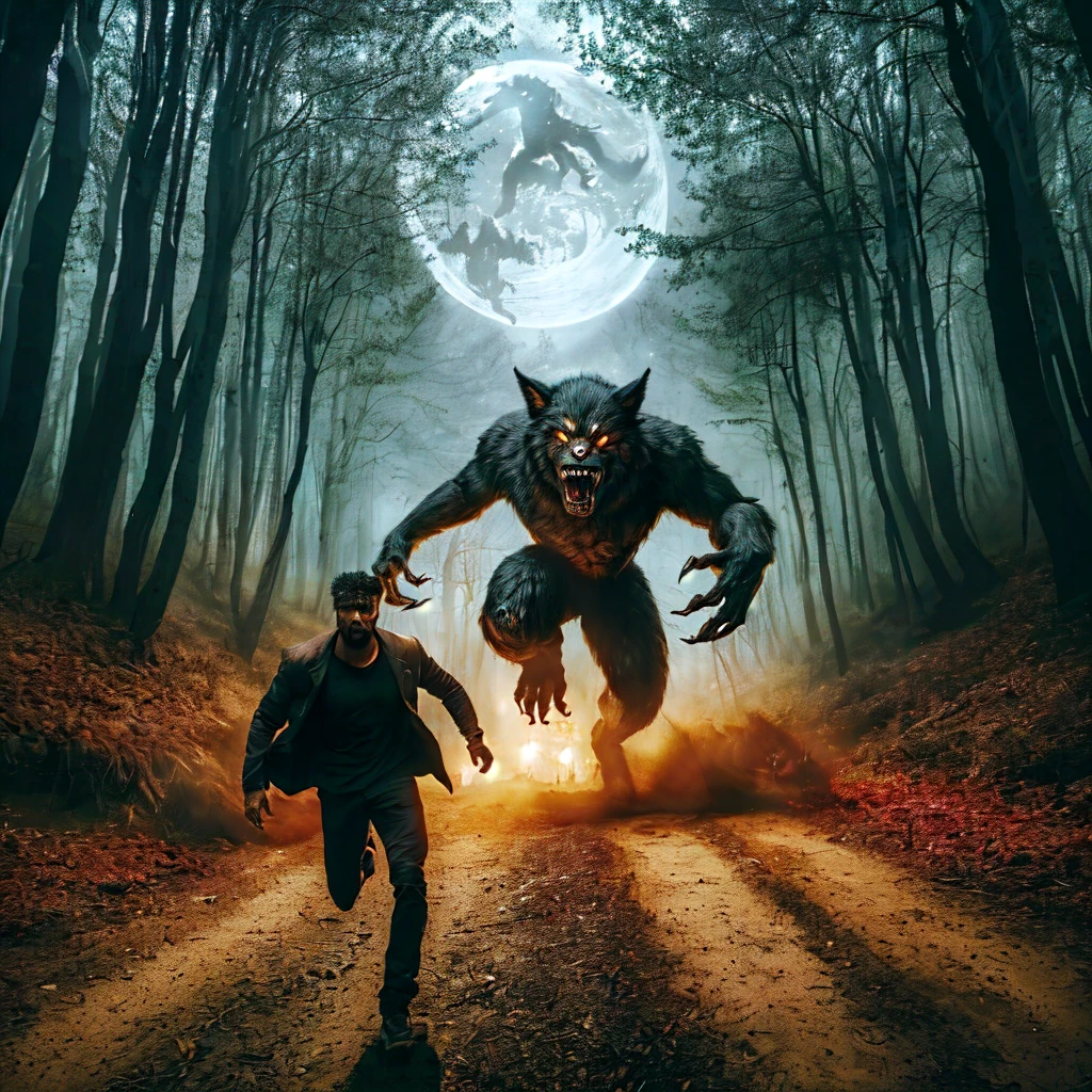 arafed image of a man running towards a werewolf in the woods, werewolf man, werewolf, people running in fear, werewolf?, scary creatures in background, an ominous fantasy illustration, transforming into werewolf, paranormal monster, hunting the monsters, scary atmosphere, uncanny and scary atmosphere, danger lurking in the night, scary picture, werewolf”, by Kristian Kreković