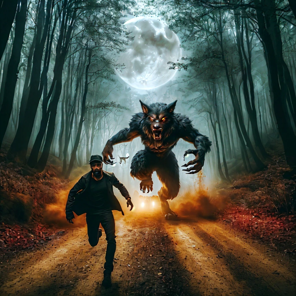 arafed image of a man running towards a werewolf in the woods, werewolf man, werewolf, people running in fear, werewolf?, scary creatures in background, an ominous fantasy illustration, transforming into werewolf, paranormal monster, hunting the monsters, scary atmosphere, uncanny and scary atmosphere, danger lurking in the night, scary picture, werewolf”, by Kristian Kreković