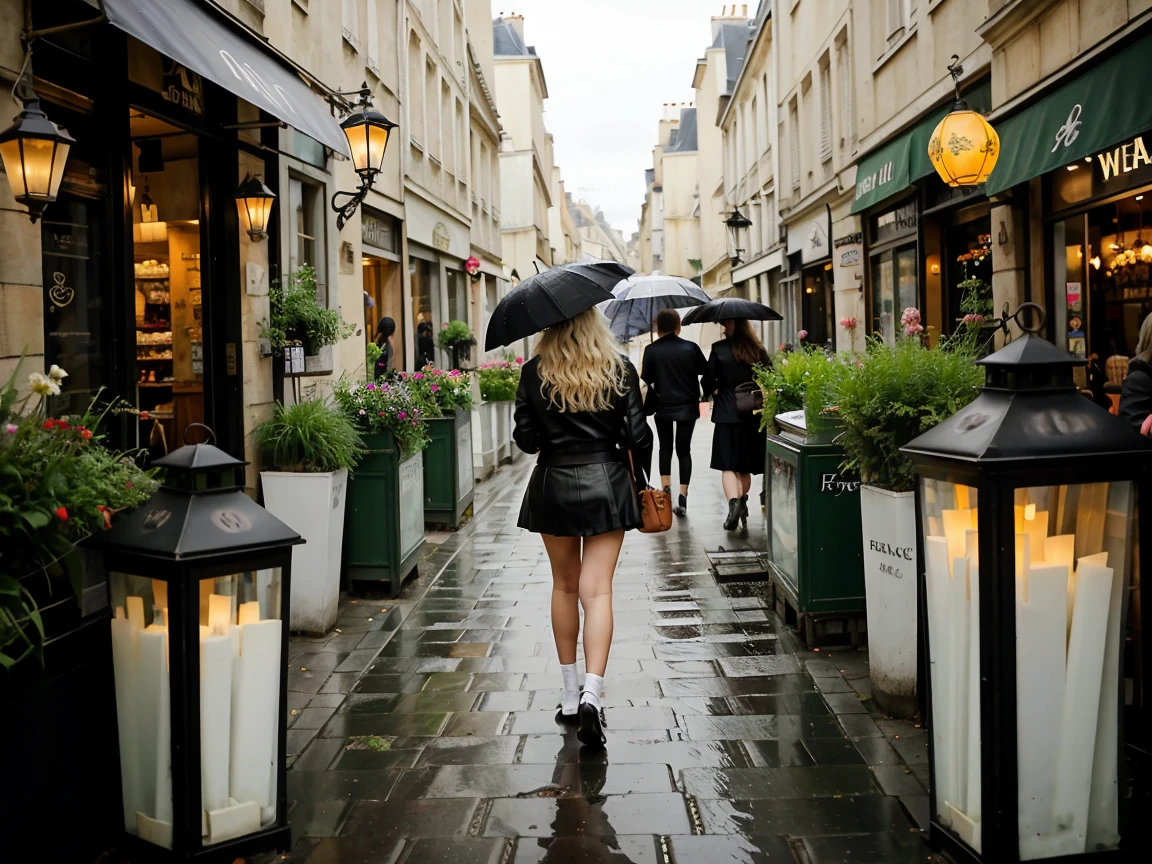 Beautiful woman, 23 years old, weighing 68 kg, Ukrainian girl, fair-skinned, blonde hair, wavy hair, athletic figure, very short leather miniskirt, cropped cardigan, deep neckline, girl with an umbrella walking down the street, France, a narrow Parisian street in rainy weather, wet asphalt reflecting lanterns and cafes, old buildings with exquisite architecture, picturesque flower pots and windows, creating atmospheric and romantic shots that emphasize the beauty of Paris in unusual weather.