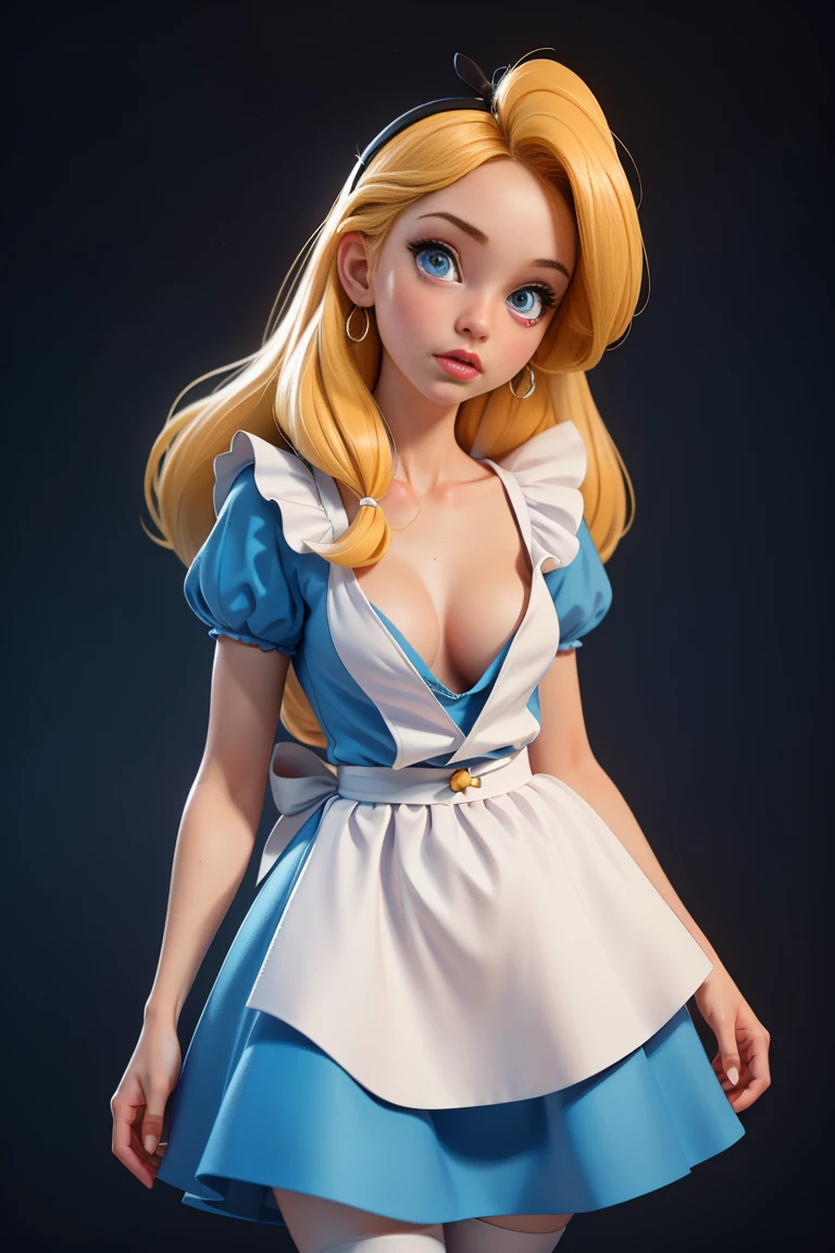masterpiece, 1girl, solo, make her a sexy Alice in Wonderland with blonde hair, powder blue dress with white apron, white stockings, cleavage, dynamic, ultra high def, 32k, (perfect anatomy:1.5), perfect legs, in the style of Artgerm and Adam Hughes, perfect arms, downblouse