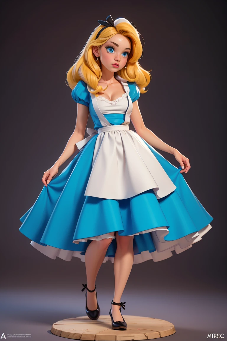 masterpiece, 1girl, solo, make her a sexy Alice in Wonderland with blonde hair, powder blue dress with white apron, white stockings, cleavage, dynamic, ultra high def, 32k, (perfect anatomy:1.5), perfect legs, in the style of Artgerm and Adam Hughes, perfect arms, downblouse