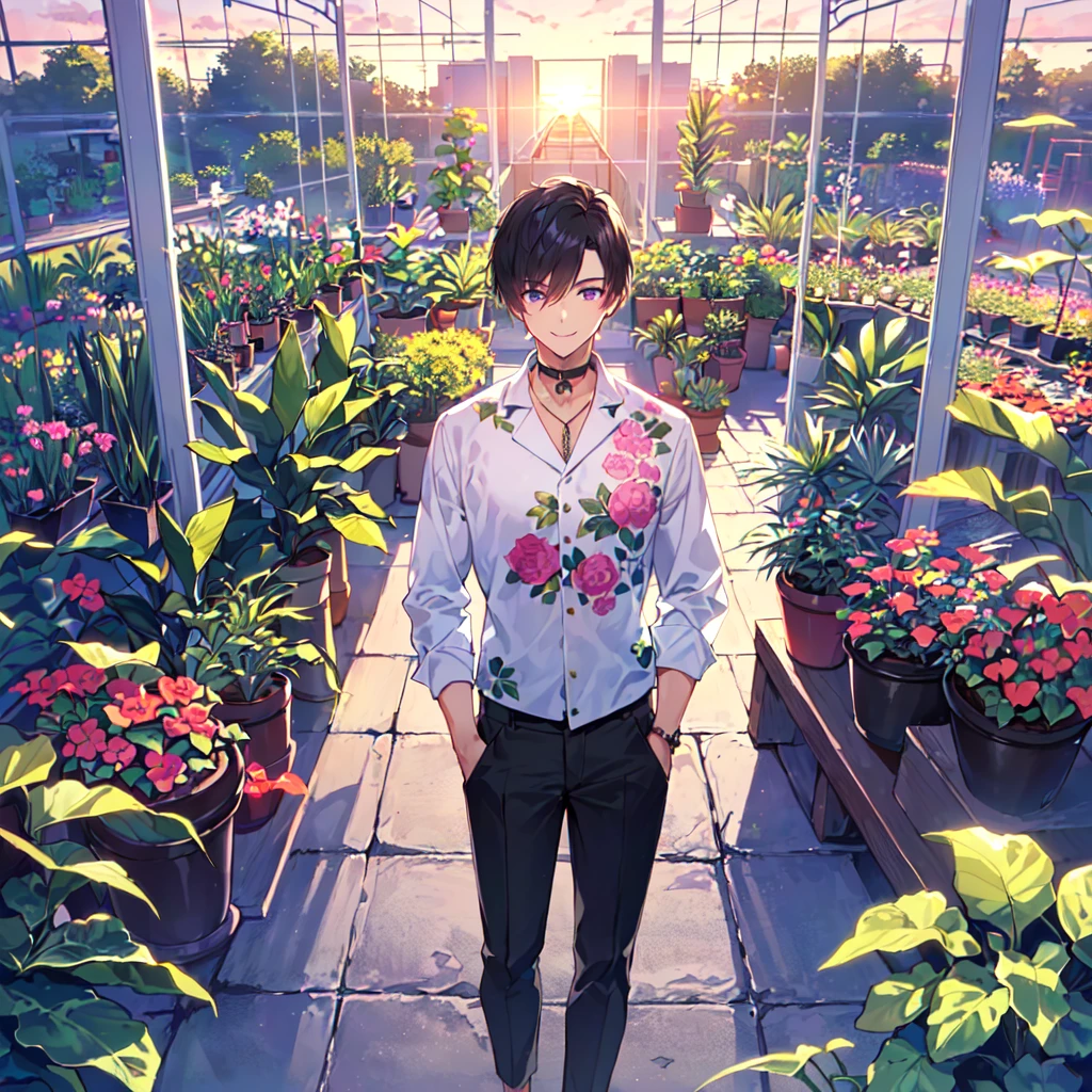 masterpiece,best quality,high quality,(1 male austere handsome solo adult age 30 years old:1.5), purple eyes, cool with suspended eyes, V-shaped eyebrows, body strong and fearless 8.5 head tall, height 185cm, (well-groomed black short hair down to neck:1.4), (bangs 7 thirds parted:1.4), slender nose, facial muscles, throat, (pants in houseplant print fashion:1.3), (standing), (stylish pose), (fearless smile:1.3), (botanical garden full of houseplants in background:1.5), (sunset:1.2)