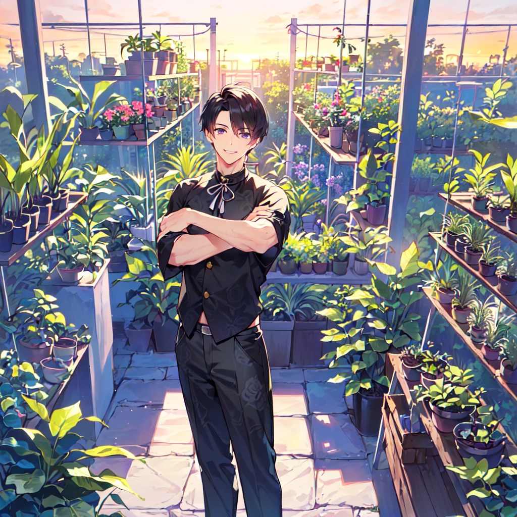 masterpiece,best quality,high quality,(1 male austere handsome solo adult age 30 years old:1.5), purple eyes, cool with suspended eyes, V-shaped eyebrows, body strong and fearless 8.5 head tall, height 185cm, (well-groomed black short hair down to neck:1.4), (bangs 7 thirds parted:1.4), slender nose, facial muscles, throat, (pants in houseplant print fashion:1.3), (standing), (stylish pose), (fearless smile:1.3), (botanical garden full of houseplants in background:1.5), (sunset:1.2)