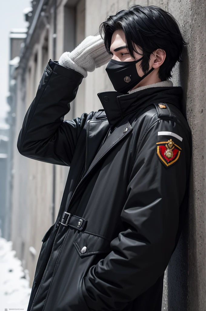Create a 19-year-old man character with black hair and a black mask that covers his face and only his eyes are visible.. He is from the Russian army in white clothes and his face is cold and calculating.