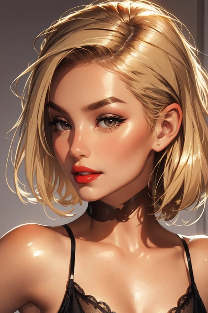 1girl,a beautiful fashion model ,(masterpiece, detailed background, best quality),short and shiny hair, light blomde hair with blonde highlights,smirk,juicy lips,red lips, calmart, lingerie, stripping, elegant makeup, (girl cocking her eyebrow)