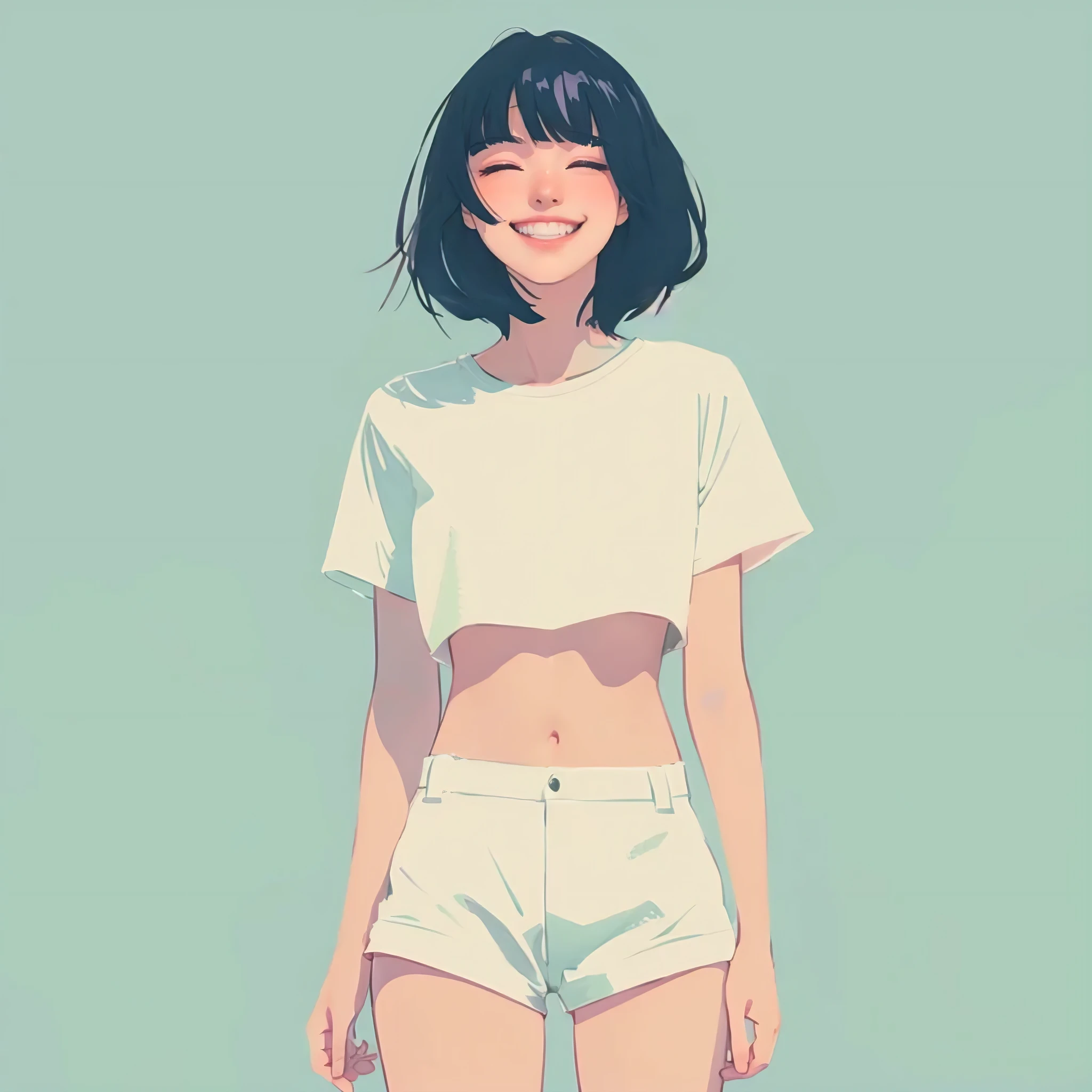 An illustration of a woman with black, calm bob haircut, smiling brightly, wearing a white t-shirt and shorts, against a plain background. The background is a light pastel color, with subtle shading to highlight the figure. Created Using: digital illustration, clean lines, smooth shading, flat colors, minimalist design, vibrant color palette, comic book style, hd quality, natural look