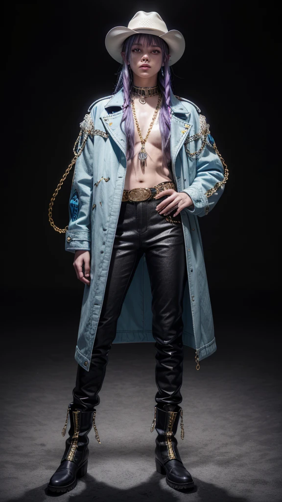 A girl, with white cowboy hat with purple details, with blue braided hair, with a long dark cyan jacket with orange details, chains and buckles on his light blue outfit underneath his jacket, gold boots and black pants, full bodied, Completely black background, highy detailed, holding the hat, full body view