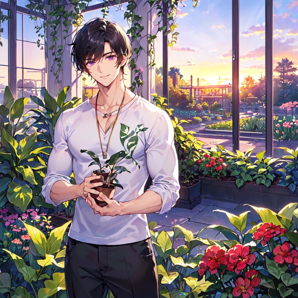 masterpiece,best quality,high quality,(1 male austere handsome solo adult age 30 years old:1.5), purple eyes, cool with suspended eyes, V-shaped eyebrows, body strong and fearless 8.5 head tall, height 185cm, (well-groomed black short hair down to neck:1.4), (bangs 7 thirds parted:1.4), slender nose, facial muscles, throat, (pants in houseplant print fashion:1.3), (standing), (stylish pose), (fearless smile:1.3), (botanical garden full of houseplants in background:1.5), (sunset:1.2), (upper body:1.3)