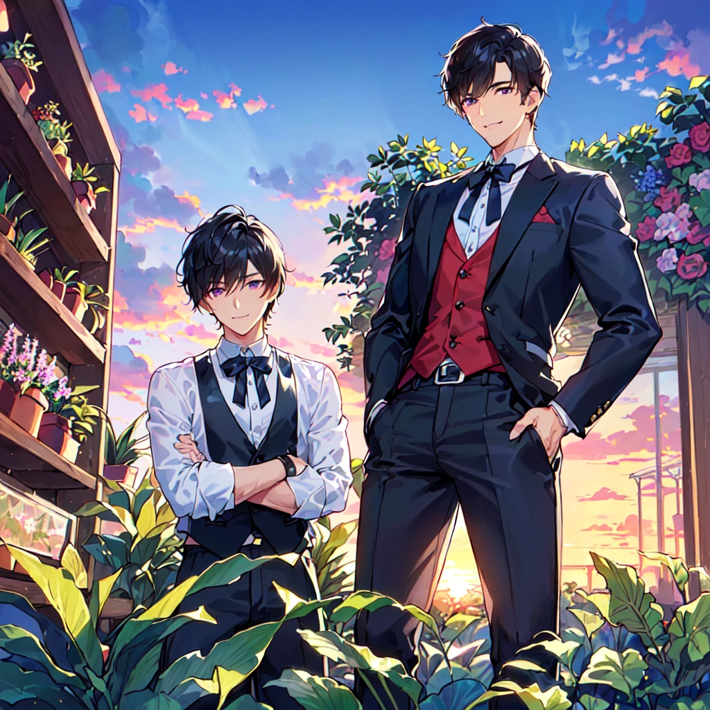 masterpiece,best quality,high quality,(1 male austere handsome solo adult age 30 years old:1.5), purple eyes, cool with suspended eyes, V-shaped eyebrows, body strong and fearless 8.5 head tall, height 185cm, (well-groomed black short hair down to neck:1.4), (bangs 7 thirds parted:1.4), slender nose, facial muscles, throat, (pants in houseplant print fashion:1.3), (standing), (stylish pose), (fearless smile:1.3), (botanical garden full of houseplants in background:1.5), (sunset:1.2), (upper body:1.3)