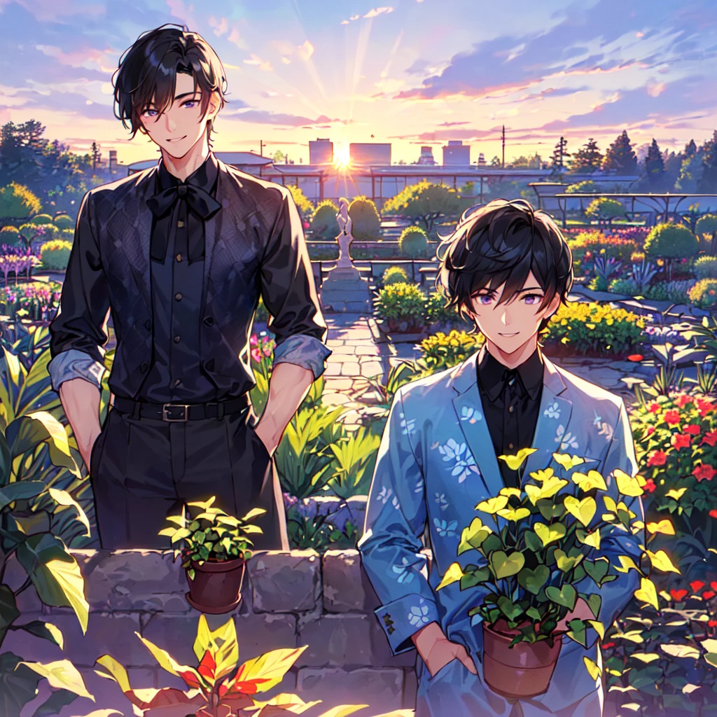 masterpiece,best quality,high quality,(1 male austere handsome solo adult age 30 years old:1.5), purple eyes, cool with suspended eyes, V-shaped eyebrows, body strong and fearless 8.5 head tall, height 185cm, (well-groomed black short hair down to neck:1.4), (bangs 7 thirds parted:1.4), slender nose, facial muscles, throat, (pants in houseplant print fashion:1.3), (standing), (stylish pose), (fearless smile:1.3), (botanical garden full of houseplants in background:1.5), (sunset:1.2), (upper body:1.3)