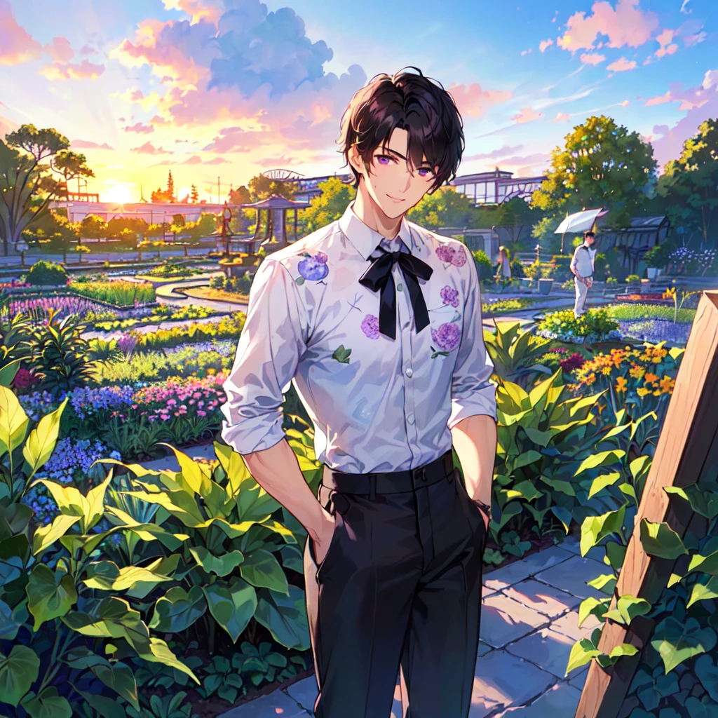 masterpiece,best quality,high quality,(1 male austere handsome solo adult age 30 years old:1.5), purple eyes, cool with suspended eyes, V-shaped eyebrows, body strong and fearless 8.5 head tall, height 185cm, (well-groomed black short hair down to neck:1.4), (bangs 7 thirds parted:1.4), slender nose, facial muscles, throat, (pants in houseplant print fashion:1.3), (standing), (stylish pose), (fearless smile:1.3), (botanical garden full of houseplants in background:1.5), (sunset:1.2), (upper body:1.3)
