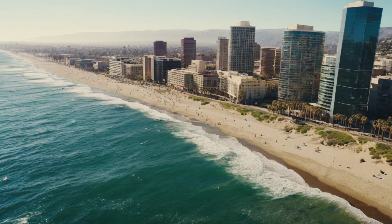 Drone view from above, Cinematic traversal camera movement, the camera travelling through above the waves of the beach of Los Angels California' s to the city. The crashing blue waters create white-tipped waves, while the soft light of the rising sun illuminates the shore. Los Angeles city with many skyscrapers and bridges in 3060. Futuristic high tech city with intricate details and photorealistic materials.Consistent movement of the camera, consistent structure of the buildings, static environment, volumetric lighting, best shadows. Photorealistic Reflections on the water, realistic splashing waves, real water surface. This is a view that captures the raw beauty of the coast and the rugged landscape. Realism, Cinematic, Photoreal,natural lights, neutral colors, lomochrome, soft vintage filter,Panavision 70's movie styled in color, celluloid, uhd, hdr, 4k, 35mm film