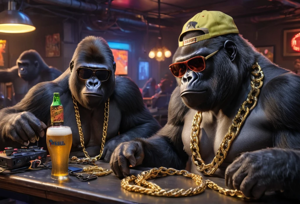 Raw photo, although gorillas play PlayStation, wearing huge gold chains, PlayStation,In the hands of a joystick, Gorilla on the left wearing sunglasses, Gorilla on the right wearing a cap, very detailed hair, hyperrealism, difficult, masterpiece, 8 k, spicy, high detail, Beer on the table, room at background, neon lights, tobacco, soft light,