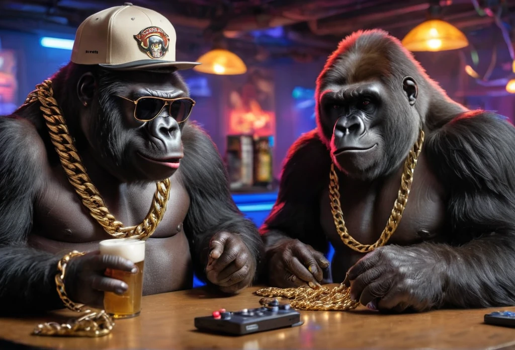 Raw photo, although gorillas play PlayStation, wearing huge gold chains, PlayStation,In the hands of a joystick, Gorilla on the left wearing sunglasses, Gorilla on the right wearing a cap, very detailed hair, hyperrealism, difficult, masterpiece, 8 k, spicy, high detail, Beer on the table, room at background, neon lights, tobacco, soft light,