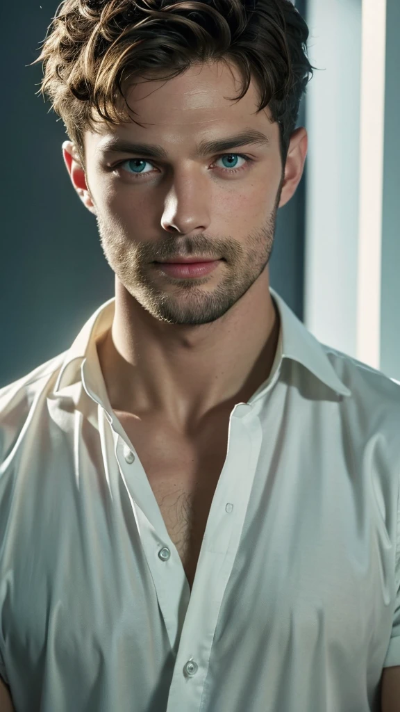 Jamie dornan (best quality,highres),handsome 30 year old desirable caucasian man with distinguished features, athletic build, tall height, light brown medium length hair, clean cut fade haircut, intriguing green eyes, seductive smile with a gentle expression, wearing a black v-neck shirt, ,detailed depiction of facial features, perfectly symmetrical face,crisp details,ultra-fine rendering,studio lighting which masterfully accentuates his excellent features,