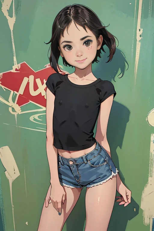 girl around 24 years old(Baby Face、very slim figure、Looks )Short denim skirts like tights(Rubber)、Top Model(Flat Chest)、Strike a pose for a photo、Cool pose、Graffiti art background、A shy smile，Very chibi，Very short，Brown eyes，freckles，Thick eyebrows，Blunt bangs，Brat、Adult、Shorts、 4K 、