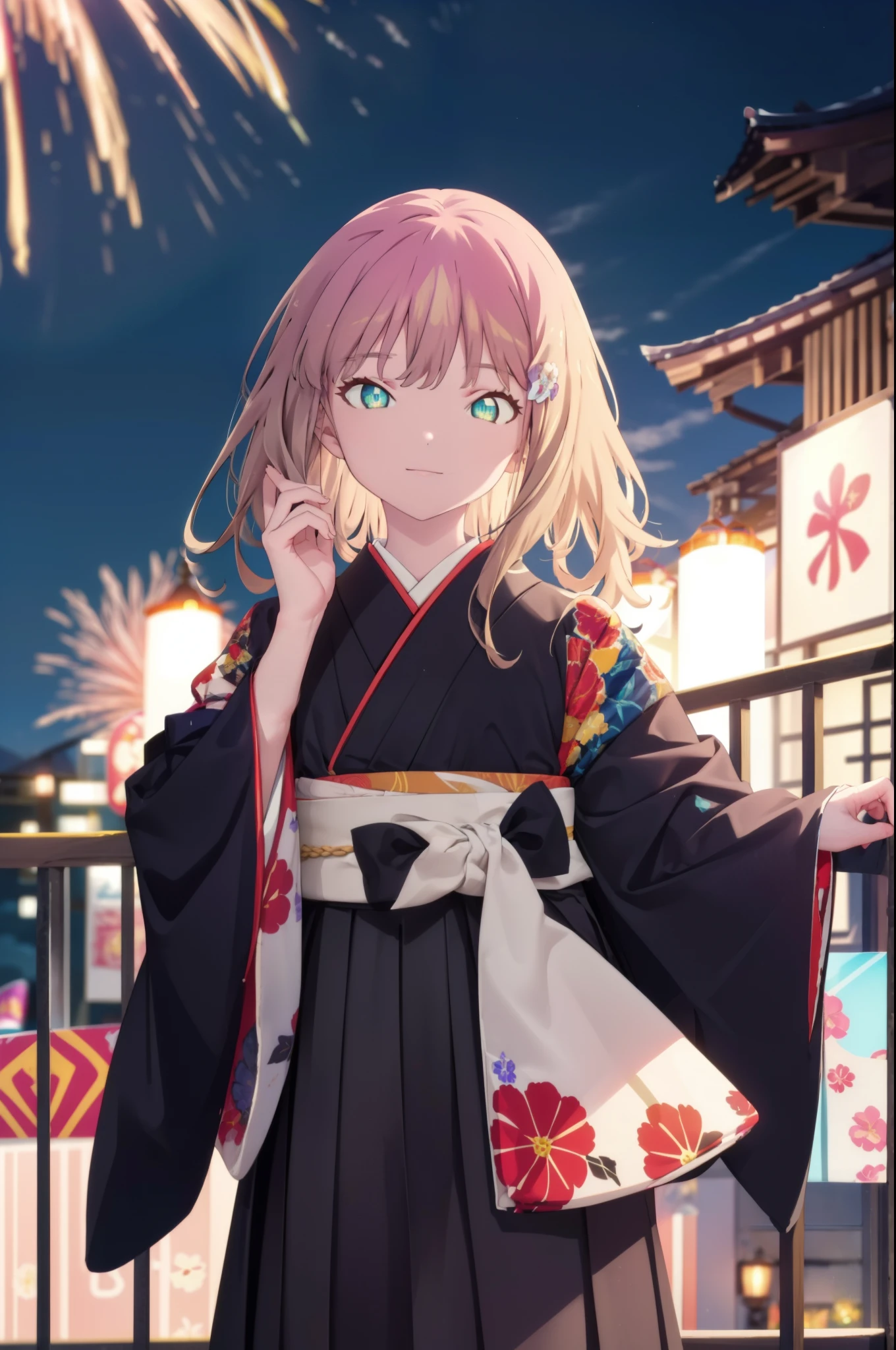 Yume Minami,sss dynazenon ,Brown Hair,Green Eyes,hair tied back,Flower hair ornament,Black Japanese Clothing,Thick sleeves,Long skirt,Sandals,So that the whole body goes into the illustration,smile,Fireworks in the night sky,Fireworks,The place is a fireworks display、Time is night,日本のFestivalり,夏Festivalりの屋台、Red lantern,break outdoors, Festival,break looking at viewer, Upper Body,(Cowboy Shot:1. 5) , break (masterpiece:1.2), Highest quality, High resolution, unity 8k wallpaper, (shape:0.8), (Beautiful and beautiful eyes:1.6), Highly detailed face, Perfect lighting, Extremely detailed CG, (Perfect hands, Perfect Anatomy),