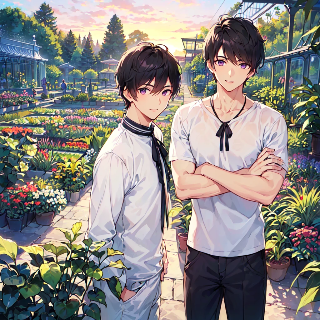 masterpiece,best quality,high quality,(1 male austere handsome solo adult age 30 years old:1.5), purple eyes, cool with suspended eyes, V-shaped eyebrows, body strong and fearless 8.5 head tall, height 185cm, (well-groomed black short hair down to neck:1.4), (bangs 7 thirds parted:1.4), slender nose, facial muscles, throat, (pants in houseplant print fashion:1.3), (standing), (stylish pose), (fearless smile:1.3), (botanical garden full of houseplants in background:1.5), (sunset:1.2), (upper body:1.3)