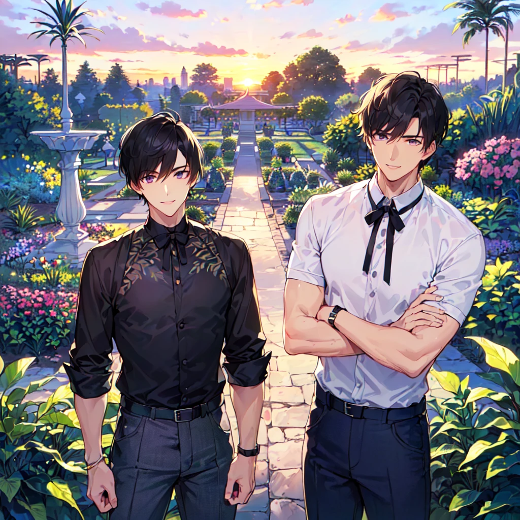masterpiece,best quality,high quality,(1 male austere handsome solo adult age 30 years old:1.5), purple eyes, cool with suspended eyes, V-shaped eyebrows, body strong and fearless 8.5 head tall, height 185cm, (well-groomed black short hair down to neck:1.4), (bangs 7 thirds parted:1.4), slender nose, facial muscles, throat, (pants in houseplant print fashion:1.3), (standing), (stylish pose), (fearless smile:1.3), (botanical garden full of houseplants in background:1.5), (sunset:1.2), (upper body:1.3)