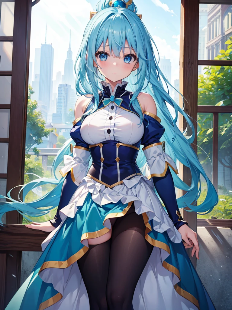 Gorgeous image quality, 8 k, high quality, masterpiece:1.2), ((masterpiece)), (high detail, high quality, Best Image Quality), solo, 1 girl, Konosuba ,aqua, blue hair, Blue eyes, tight suit, I&#39;m standing, huge breasts, middle thighs,