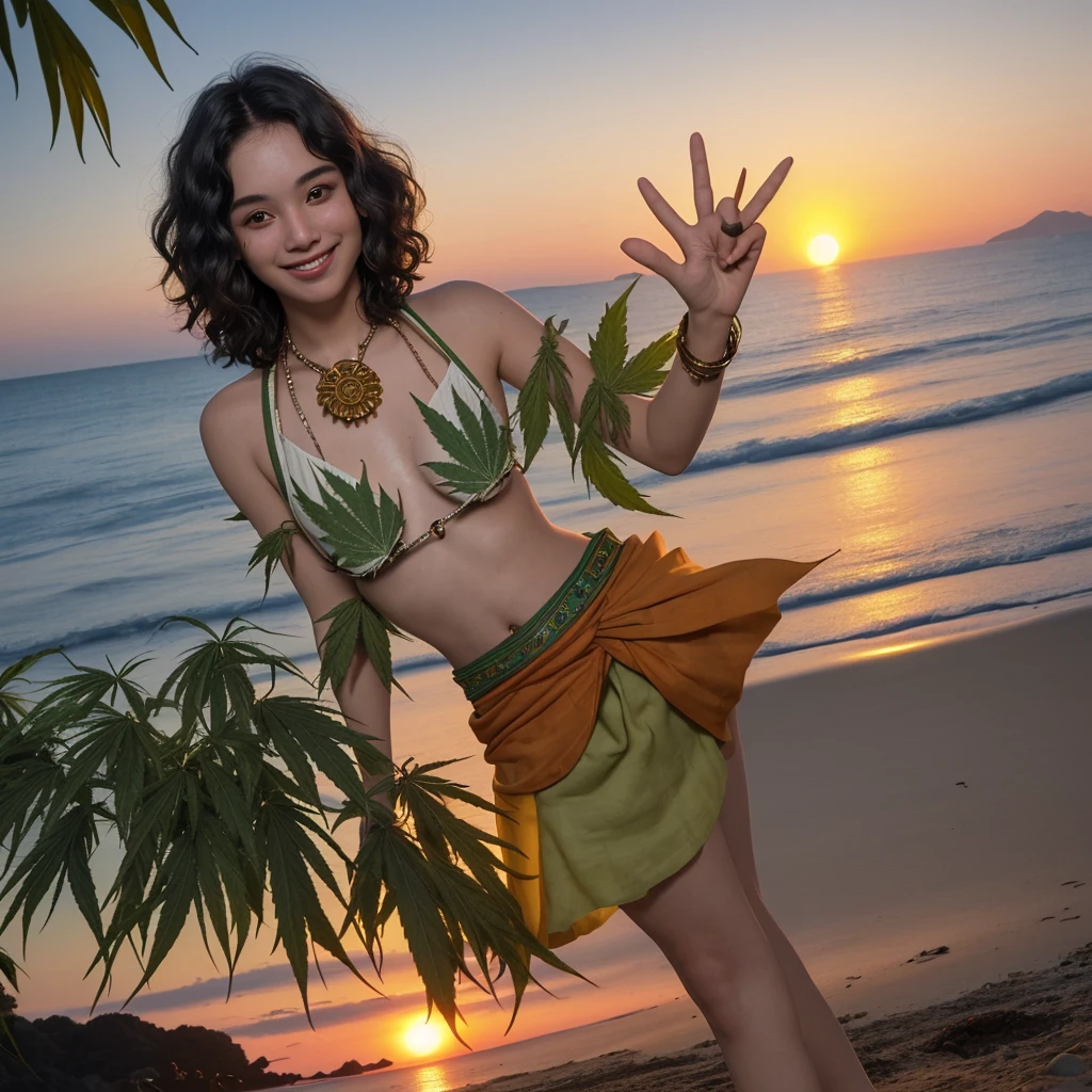 HD,4K,man,short wavy hair,smile,hippie outfit,Age 26,holding marijuana leaves,island,sunset,5 fingers,uncrippled,