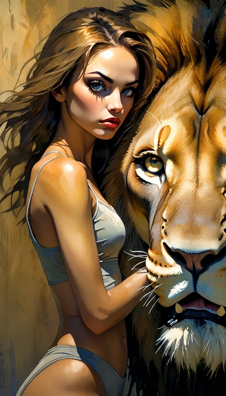 a powerful girl standing confidently with a majestic lion, beautiful detailed eyes, beautiful detailed lips, extremely detailed eyes and face, long eyelashes, dynamic pose, dramatic lighting, cinematic composition, gritty textured art style, muted color palette, chiaroscuro lighting, inspired by the art of Bill Sienkiewicz