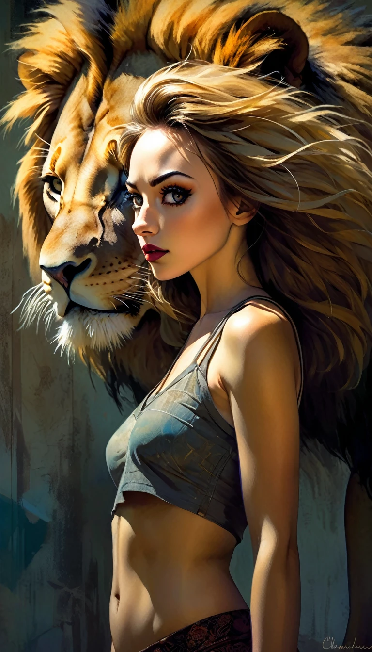 a powerful girl standing confidently with a majestic lion, beautiful detailed eyes, beautiful detailed lips, extremely detailed eyes and face, long eyelashes, dynamic pose, dramatic lighting, cinematic composition, gritty textured art style, muted color palette, chiaroscuro lighting, inspired by the art of Bill Sienkiewicz