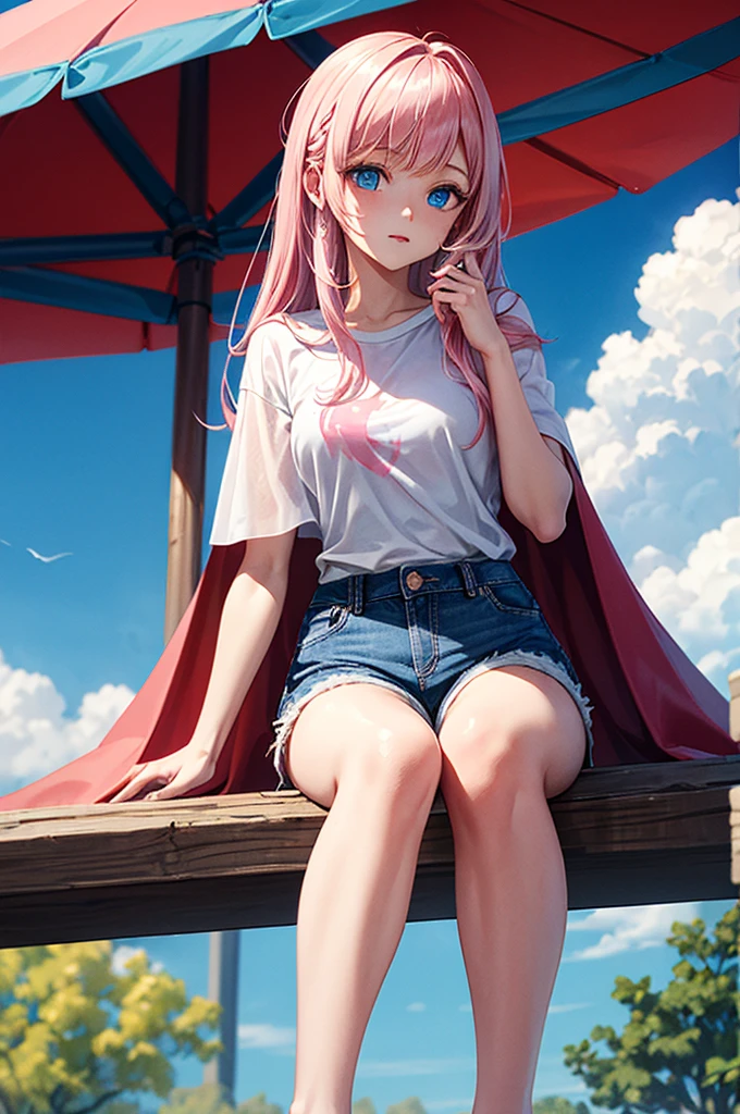 ((best quality)), ((masterpiece)), (detailed), 1girl, Pink hair, blue eyes, white t shirt, blue Jean shorts, rainbow colored cape, sitting on cloud, young. Ethereal beauty.