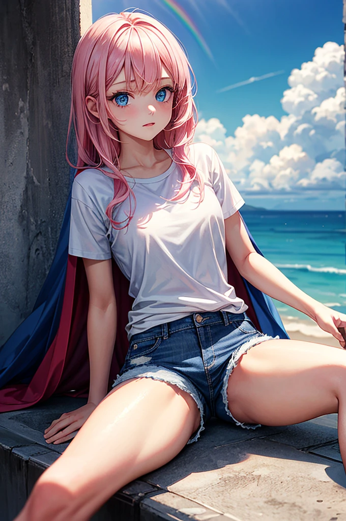 ((best quality)), ((masterpiece)), (detailed), 1girl, Pink hair, blue eyes, white t shirt, blue Jean shorts, rainbow colored cape, sitting on cloud, young. Ethereal beauty.
