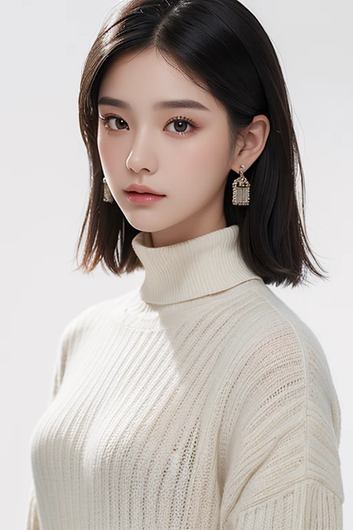 (masterpiece, Best Quality, 1 girl, Alone, intricate details, chromatic aberration), realist, ((medium breath)),medium hair, black hair, black eyes, earrings, almond eyes, roman nose, collar, blue shirt, white pants, turtleneck, Look at the viewer, neutral background
