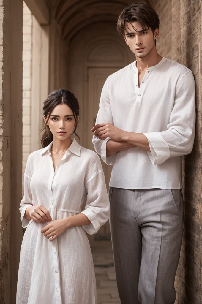 Male and female models posing for a linen collection with sleeves