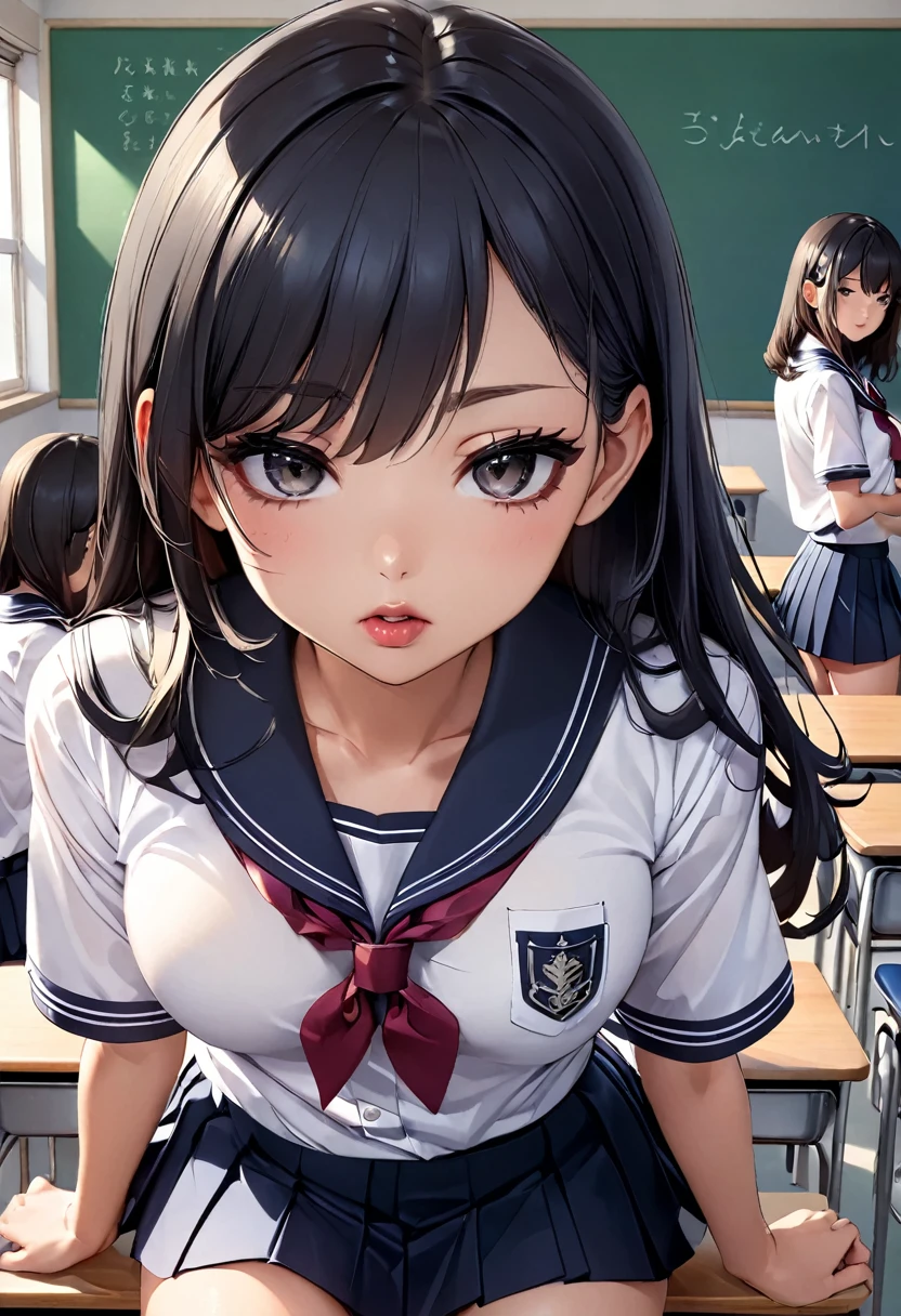 、Black Haired Beautiful Girl、uniform、薄い生地のuniform、Naughty lips、Collarbone in full view、Waistline、Navy Skirt、Sexy thighs、School、classroom