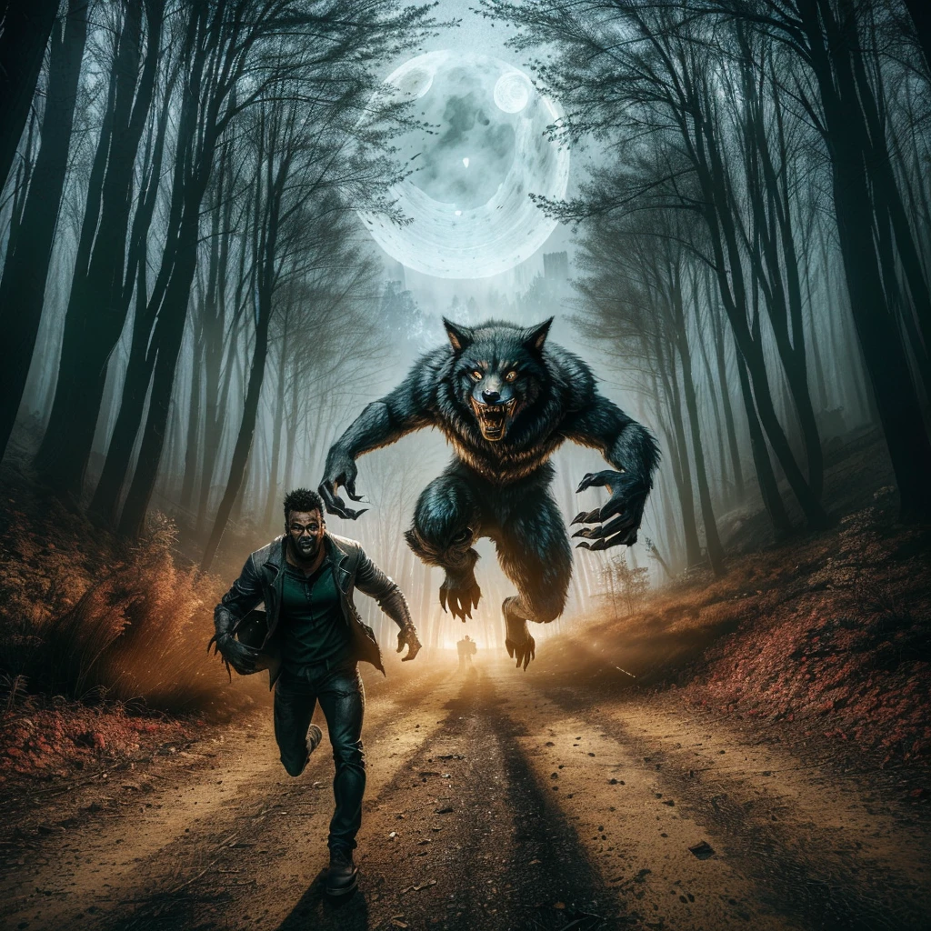 arafed image of a man running towards a werewolf in the woods, werewolf man, werewolf, people running in fear, werewolf?, scary creatures in background, an ominous fantasy illustration, transforming into werewolf, paranormal monster, hunting the monsters, scary atmosphere, uncanny and scary atmosphere, danger lurking in the night, scary picture, werewolf”, by Kristian Kreković