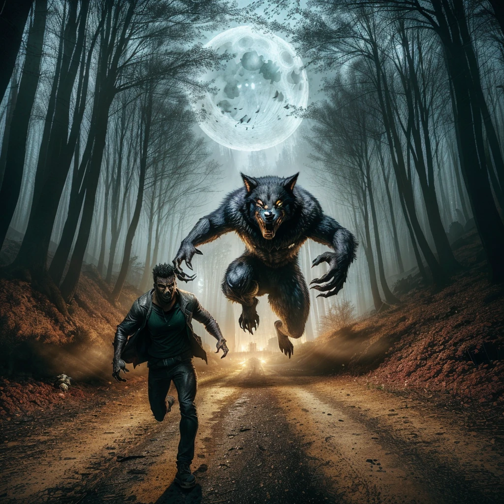 arafed image of a man running towards a werewolf in the woods, werewolf man, werewolf, people running in fear, werewolf?, scary creatures in background, an ominous fantasy illustration, transforming into werewolf, paranormal monster, hunting the monsters, scary atmosphere, uncanny and scary atmosphere, danger lurking in the night, scary picture, werewolf”, by Kristian Kreković